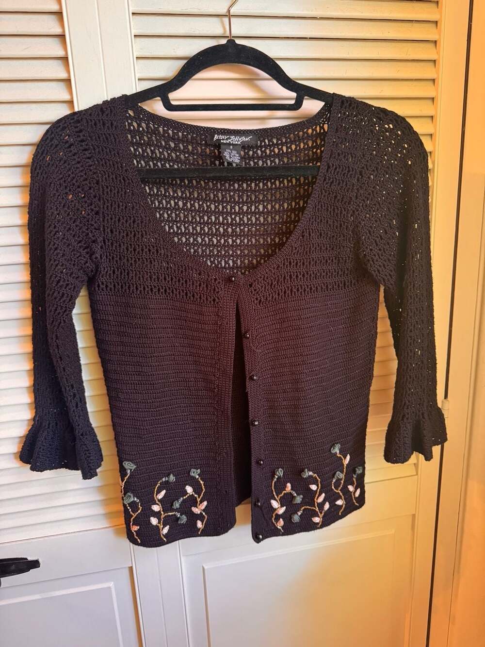 Betsey Johnson New York Vintage Crochet Cardigan Sweater with Floral Embroidery